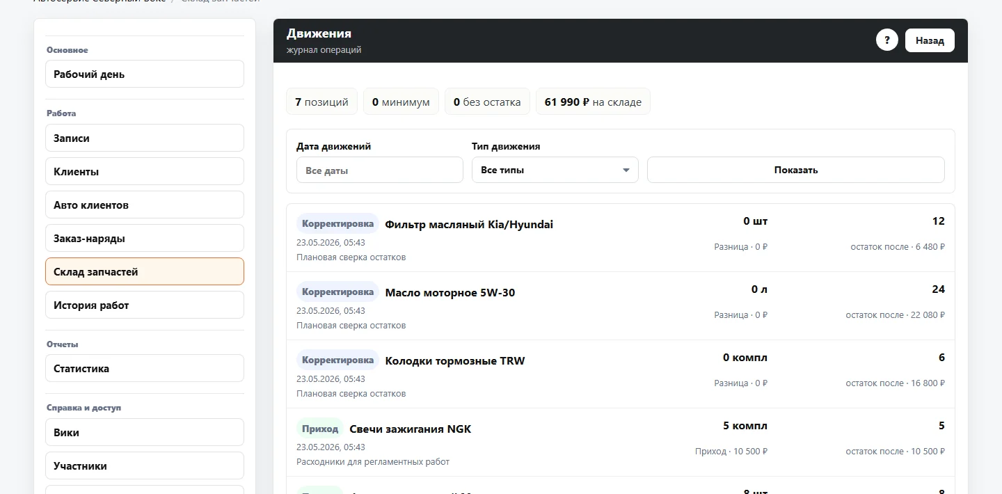 Документы и материалы в CRM для автосервиса - работы, запчасти и история